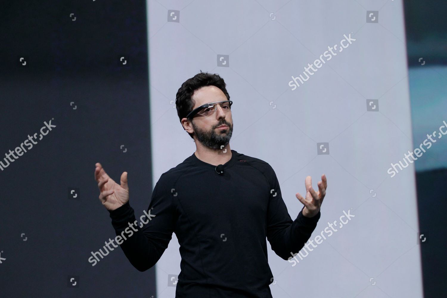 Mandatory Credit: Photo by Paul Sakuma/AP/Shutterstock (5935045bb) Sergey Brin Google co-founder Sergey Brin demonstrates Google's new Glass, wearable internet glasses, at the Google I/O conference in San Francisco Google Tablet, San Francisco, USA